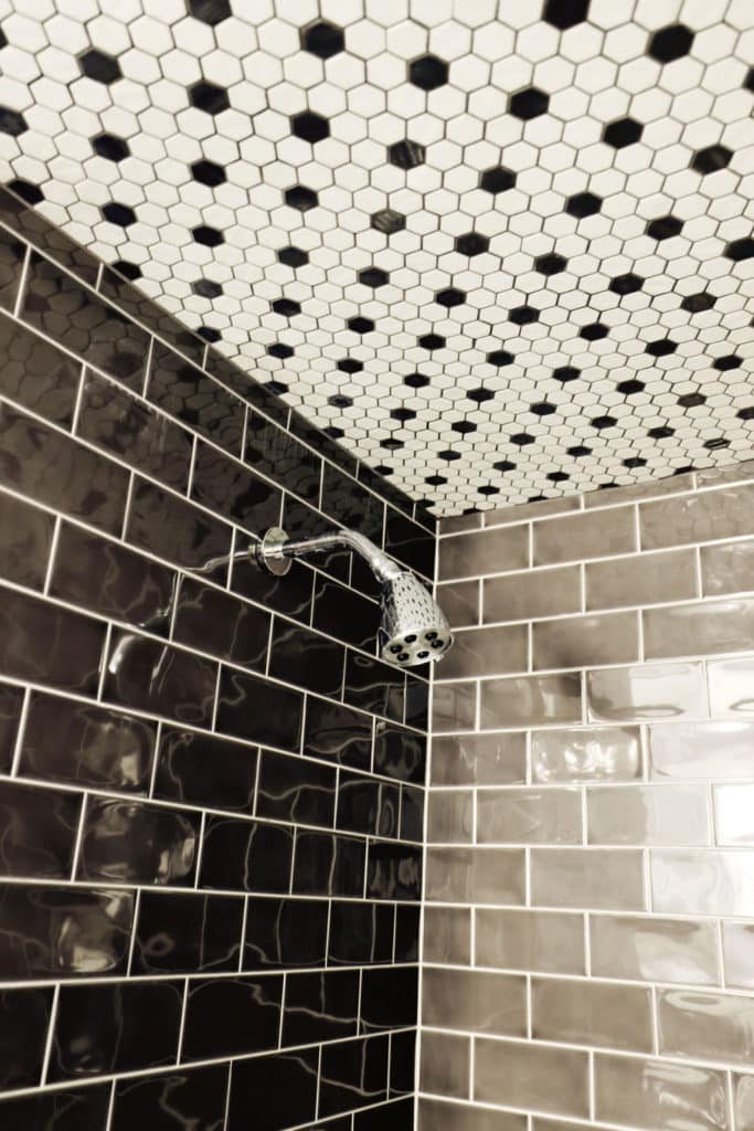 Bathroom shower with black and white tiles