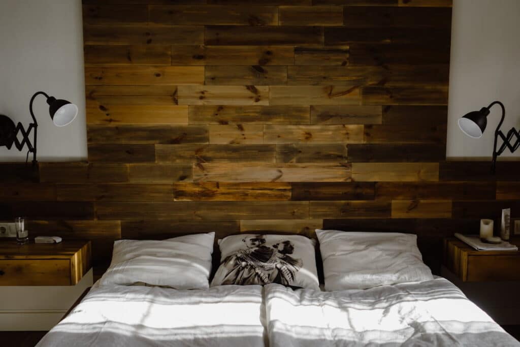 Modern wooden headboard installed in bedroom 